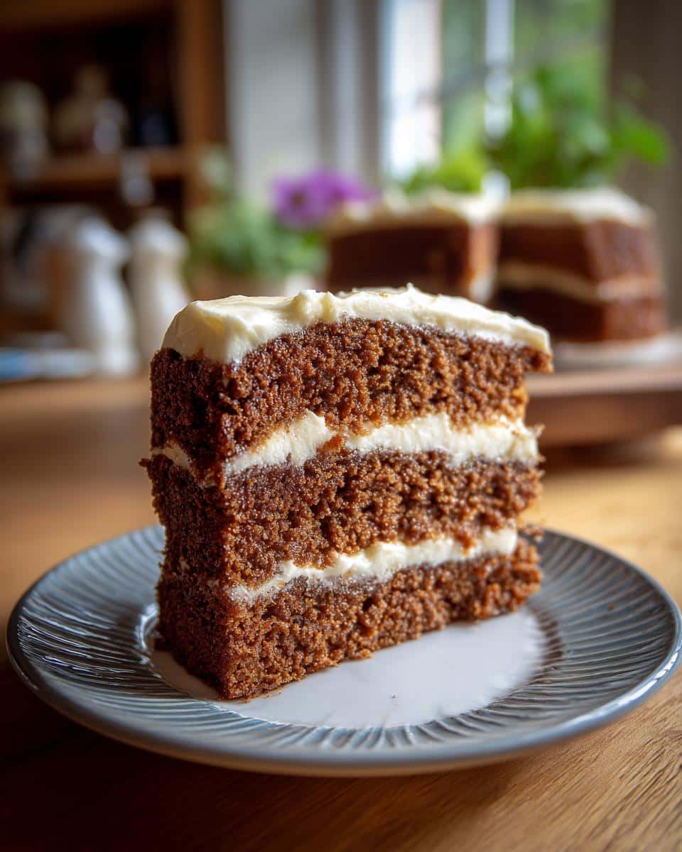 A slice of layered applesauce cake recipe easy with white frosting on a blue plate.
