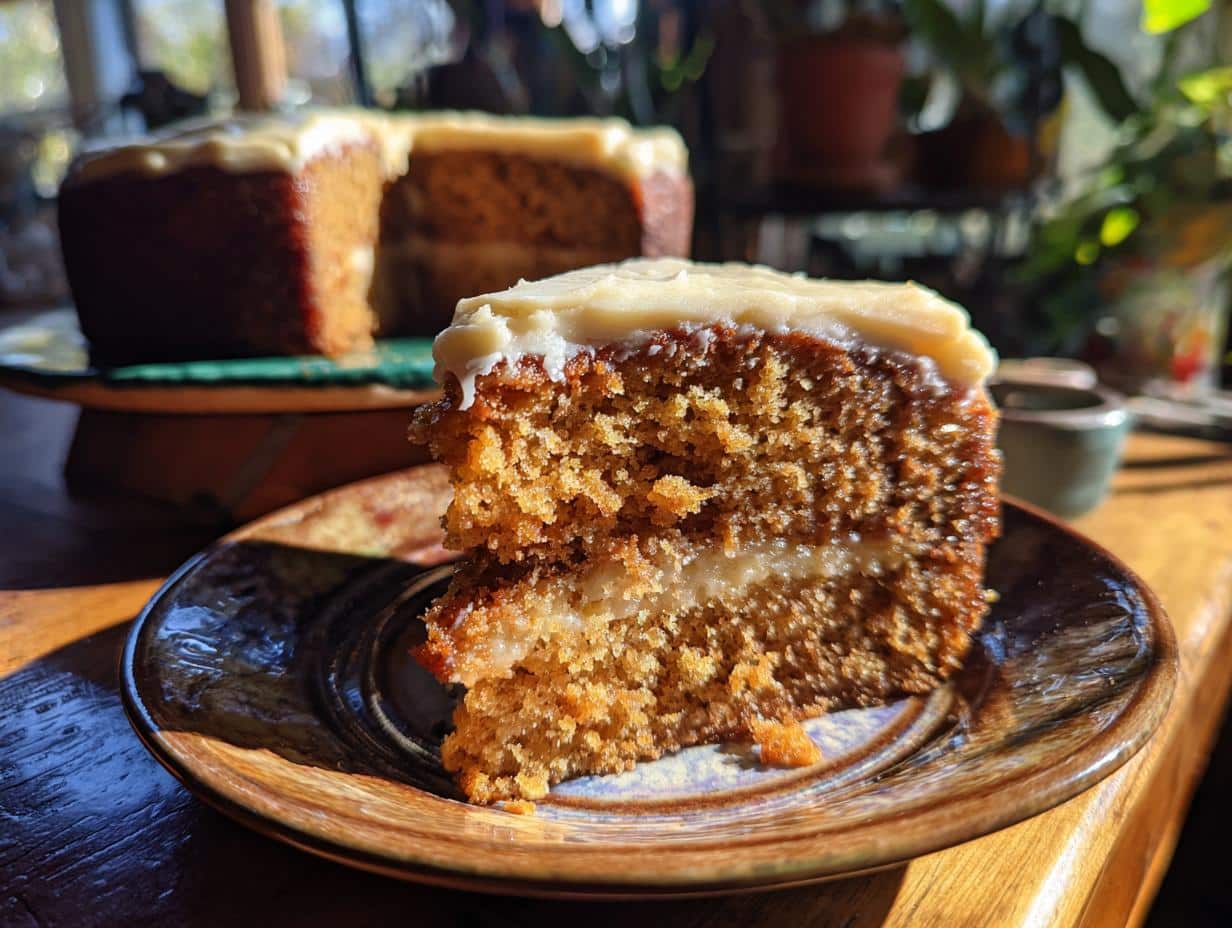 A slice of moist applesauce cake recipe easy with cream cheese frosting on a decorative plate.