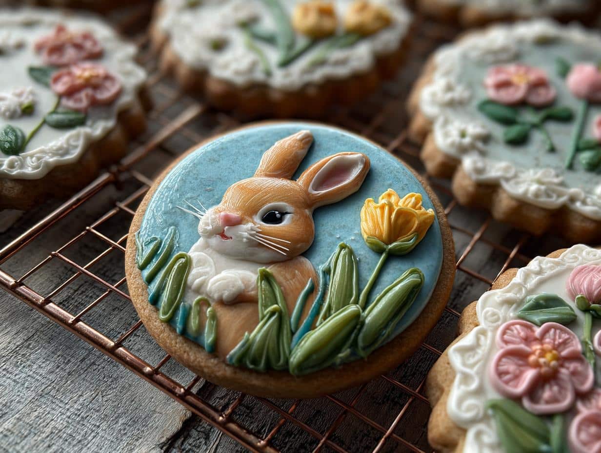 Close-up of a bunny simple spring decorated cookies with a blue background, flowers, and grass icing.