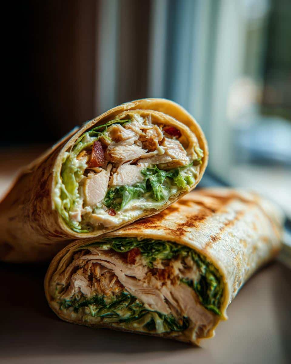Two halves of a delicious chicken Caesar wrap with rotisserie chicken, lettuce, and creamy dressing.