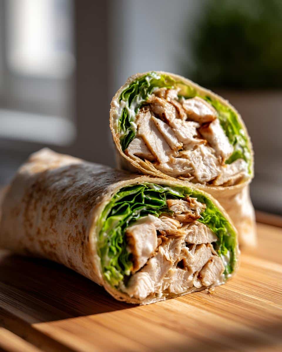 Two halves of a chicken caesar wrap with rotisserie chicken, lettuce, and creamy dressing on a wooden board.