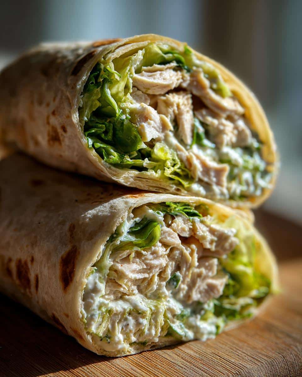 Two halves of a chicken caesar wrap with rotisserie chicken, lettuce, and creamy dressing stacked on a wooden surface.