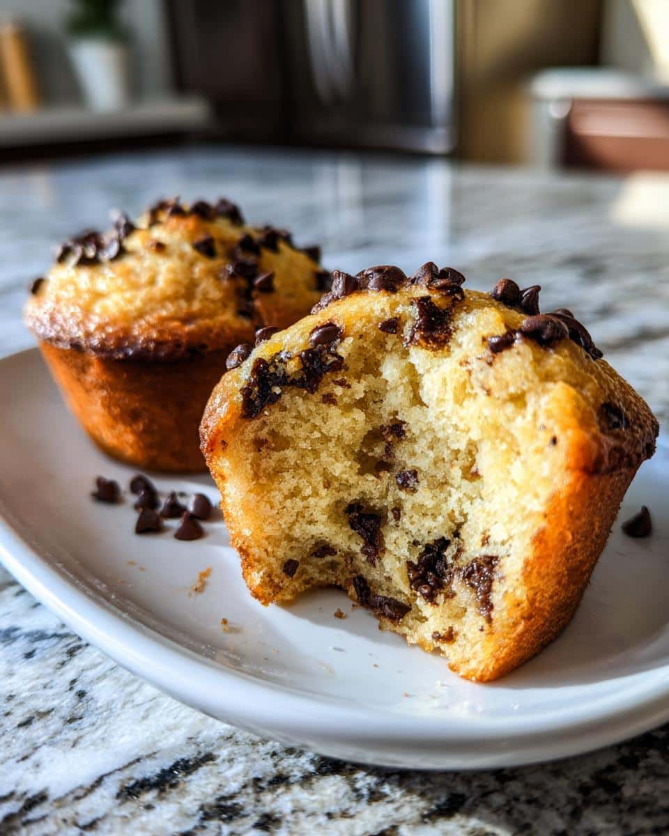 Two bakery style chocolate chip muffins on a white plate, one with a bite taken out of it.