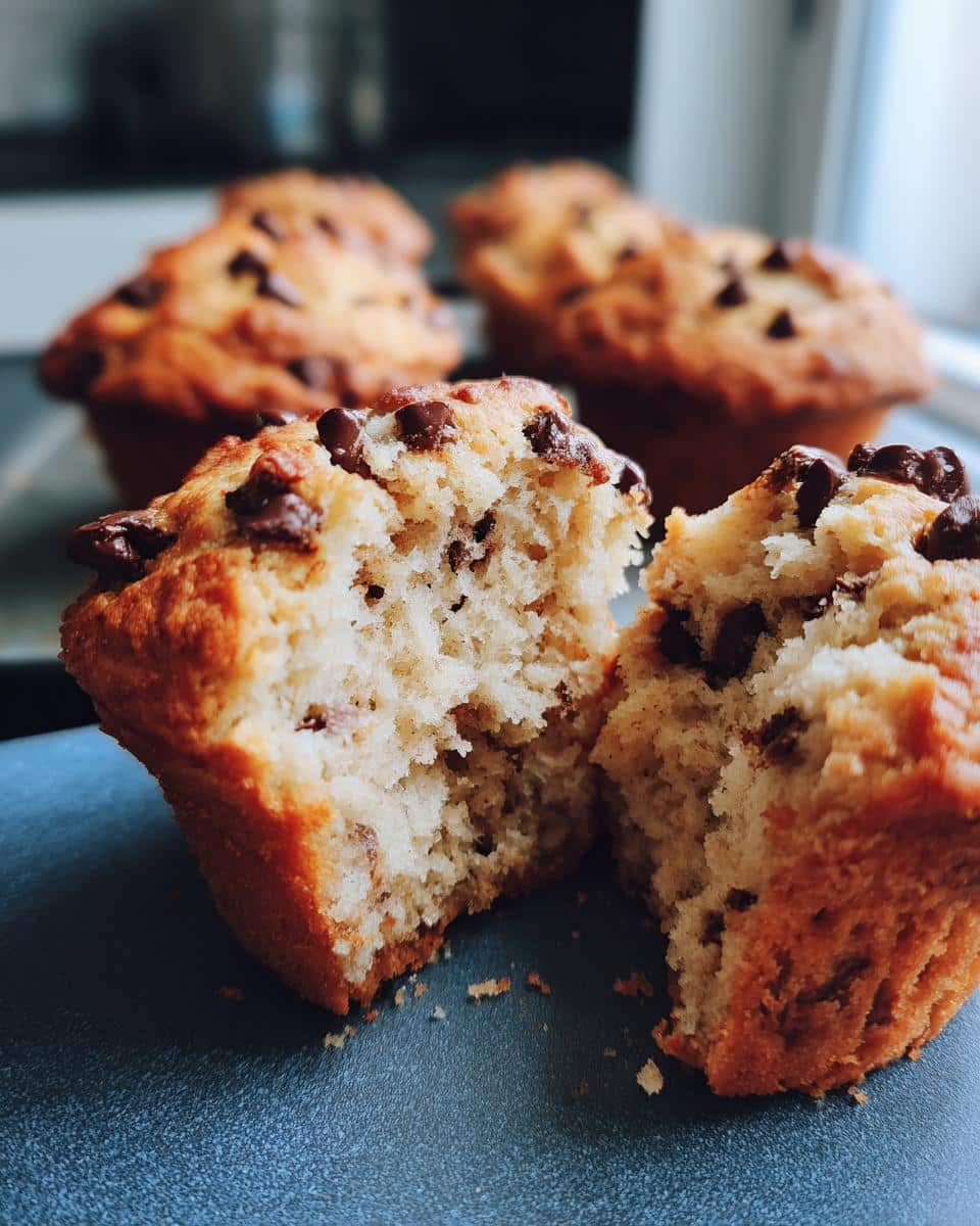 Close-up of a bakery style chocolate chip muffins, one muffin is split open to show the inside texture.