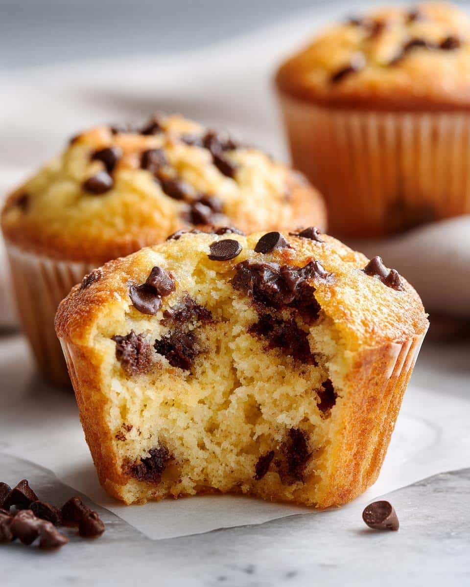 Close-up of bakery style chocolate chip muffins, one with a bite taken out to show the soft interior.