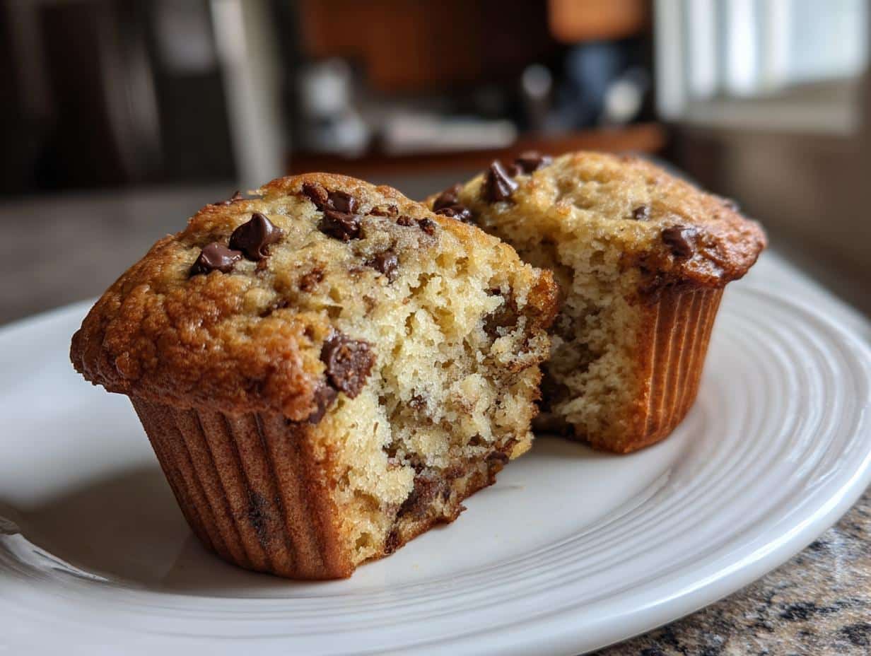 Two bakery style chocolate chip muffins, one split open, on a white plate.