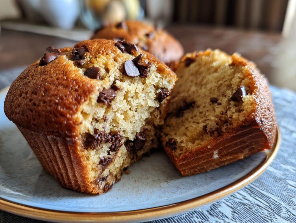 Close-up of chocolate chip muffins greek yogurt, one muffin broken in half on a blue plate.