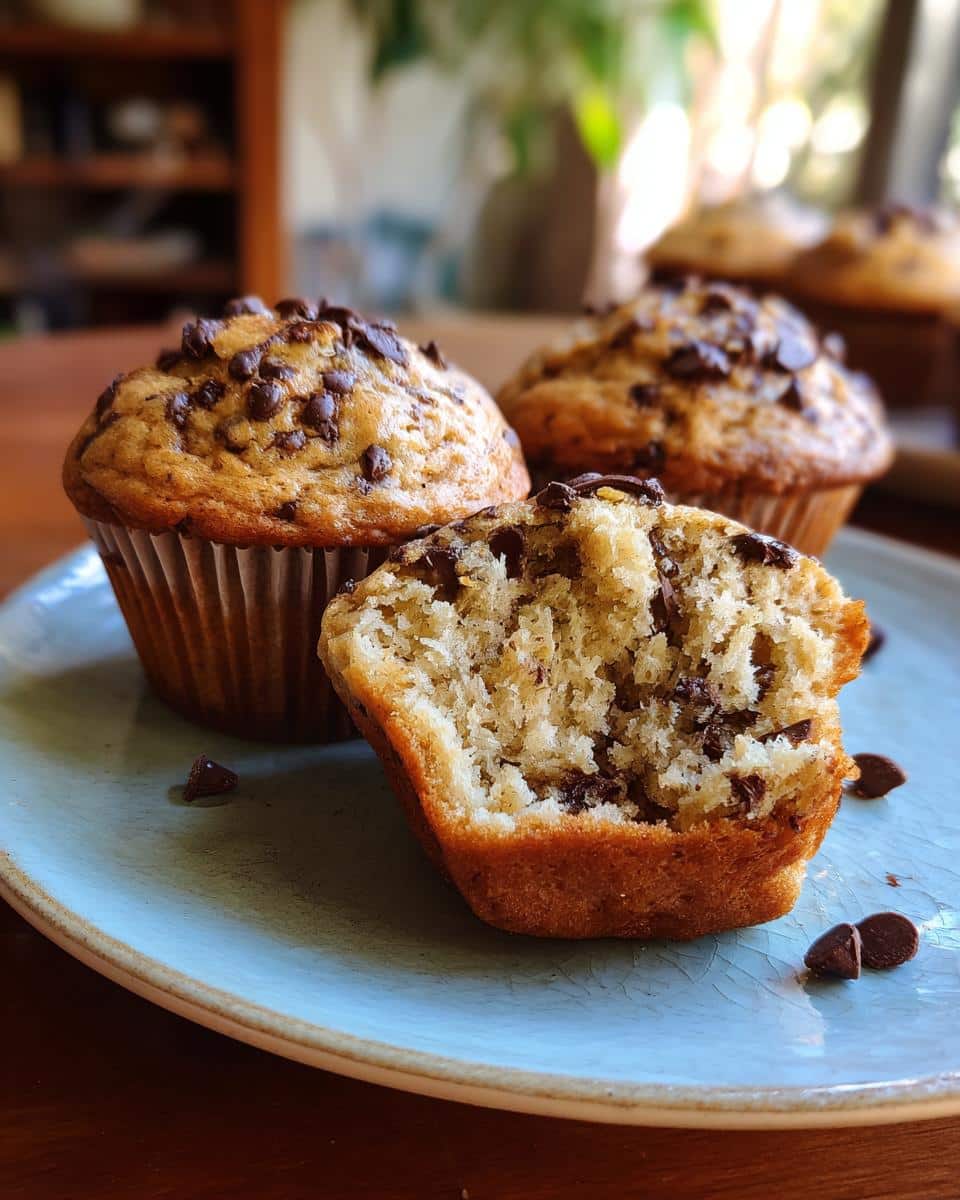 Freshly baked chocolate chip muffins greek yogurt on a blue plate, one muffin is cut open to show the texture.