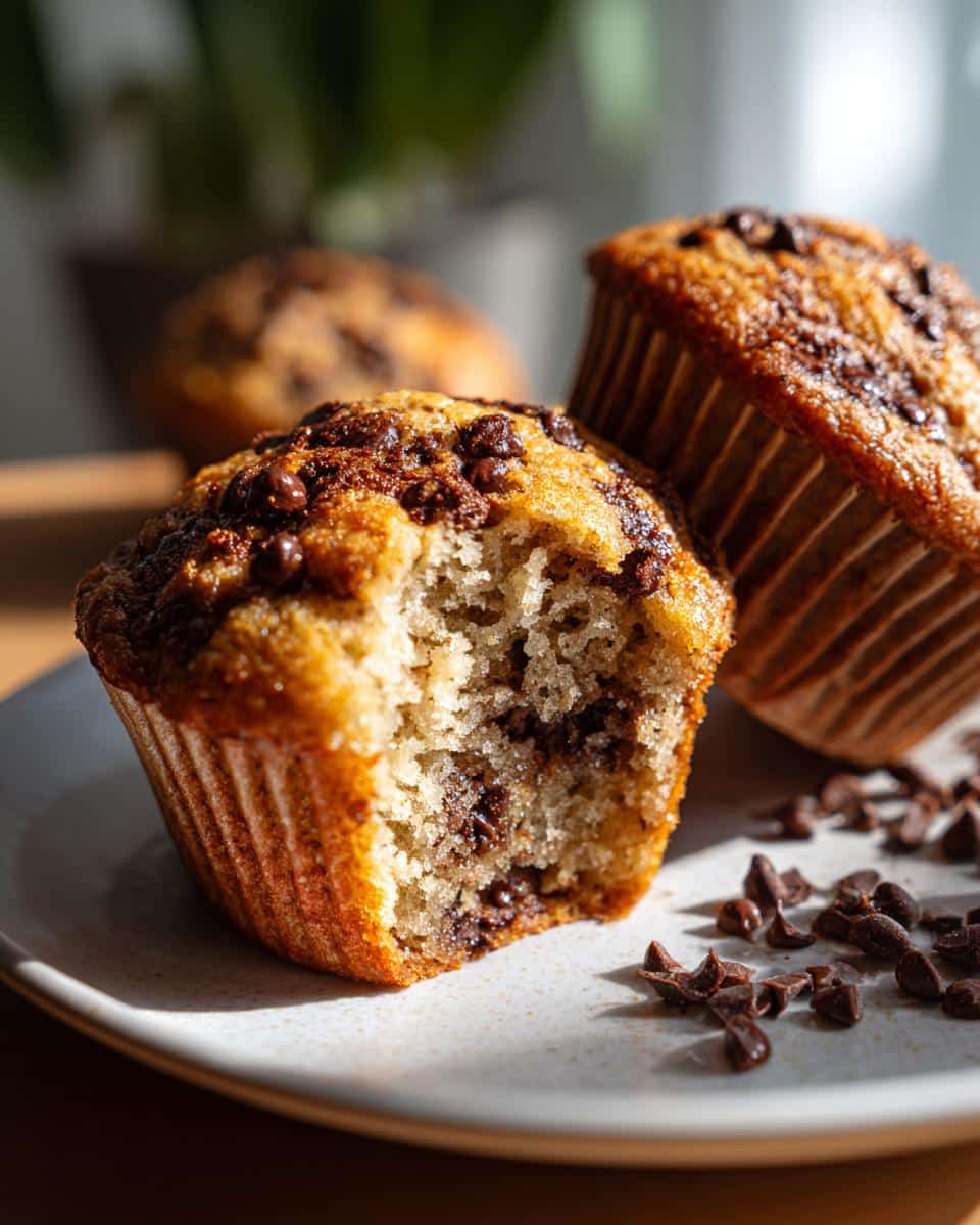 Close-up of chocolate chip muffins greek yogurt, one with a bite taken out, revealing the inside.