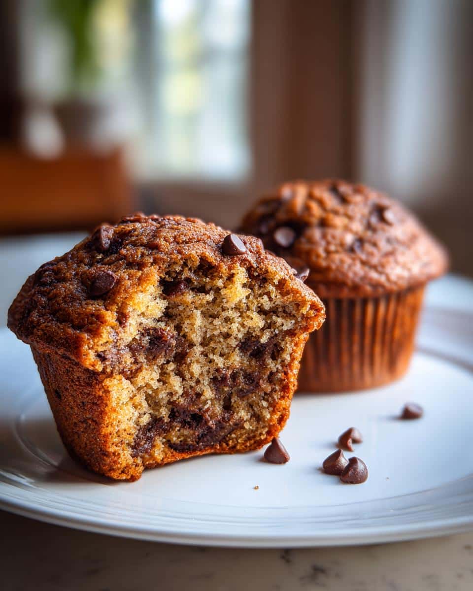 A chocolate chip muffins greek yogurt recipe. Close-up of a muffin with a bite taken, revealing chocolate chips.