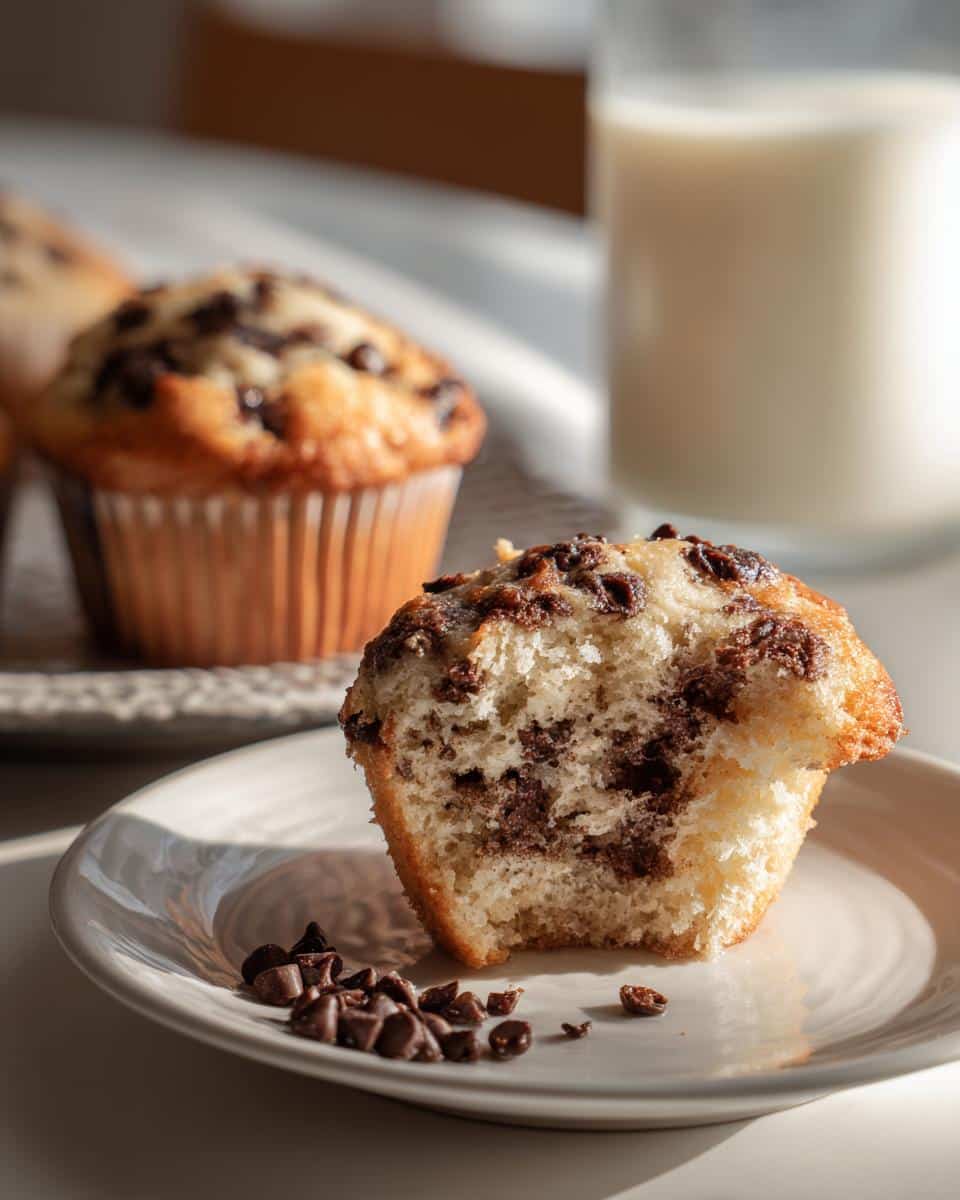 A partially eaten chocolate chip muffins greek yogurt on a plate with chocolate chips and a glass of milk.