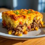 A delicious slice of cowboy cornbread casserole, showcasing layers of cornbread, meat, corn, and cheese.