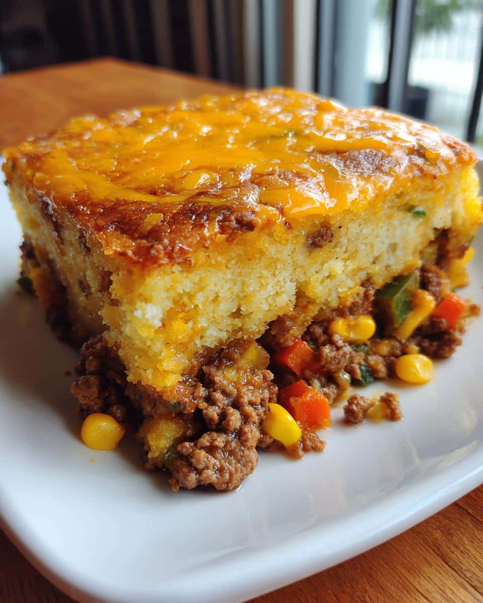 A slice of cowboy cornbread casserole with a ground beef and vegetable filling, topped with cheesy cornbread.