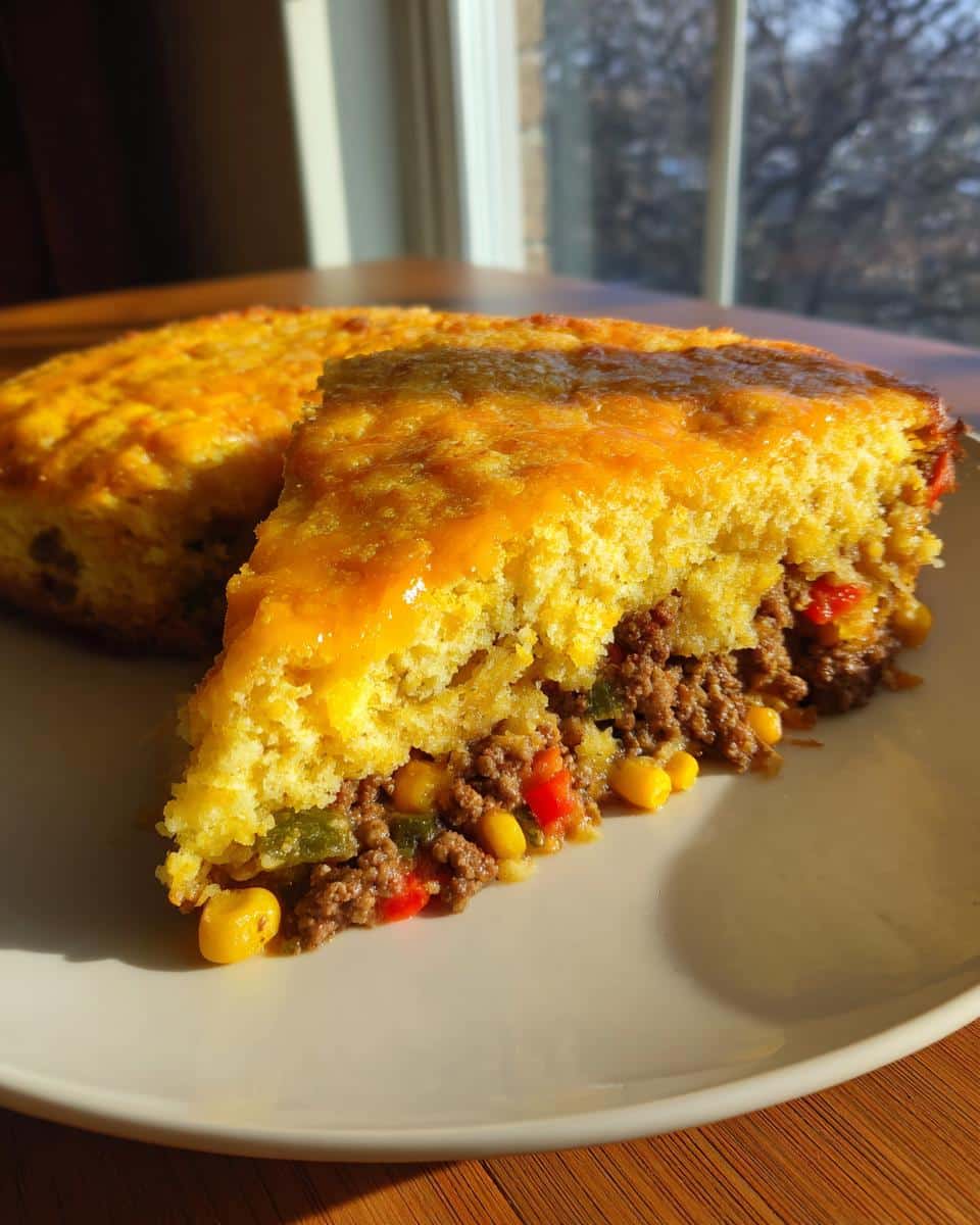 A slice of cowboy cornbread casserole showing layers of cornbread, meat, corn, and peppers.