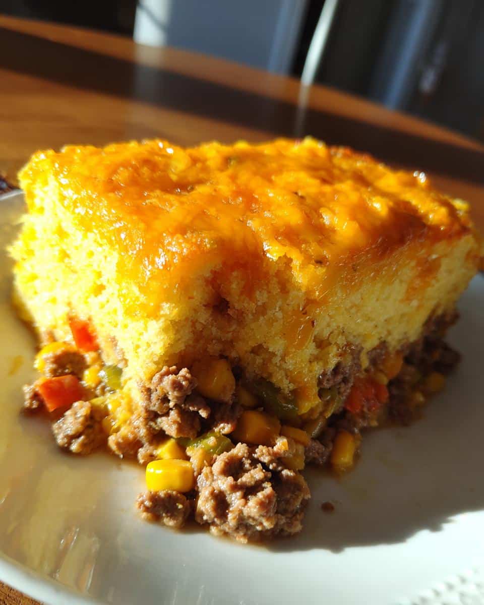 A slice of cowboy cornbread casserole featuring a layer of meat, corn, and a cornbread topping.