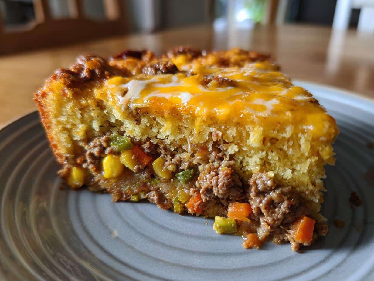 A slice of cowboy cornbread casserole featuring layers of cornbread, beef, vegetables, and melted cheese.