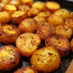 Close-up of crispy oven roasted potatoes baking soda recipe, golden brown and seasoned with herbs.