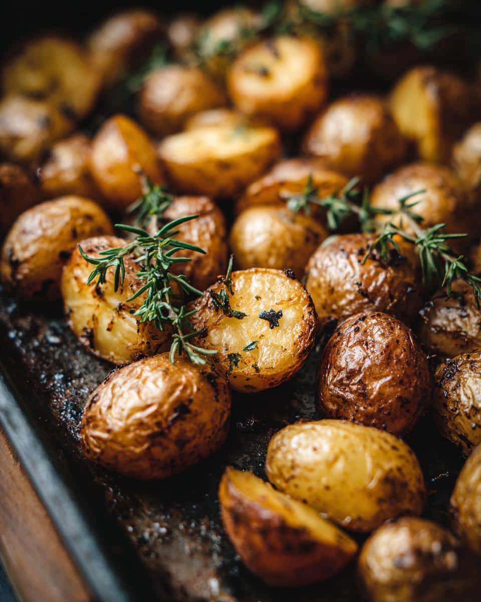 Close-up of crispy oven roasted potatoes baking soda with rosemary on a baking sheet.