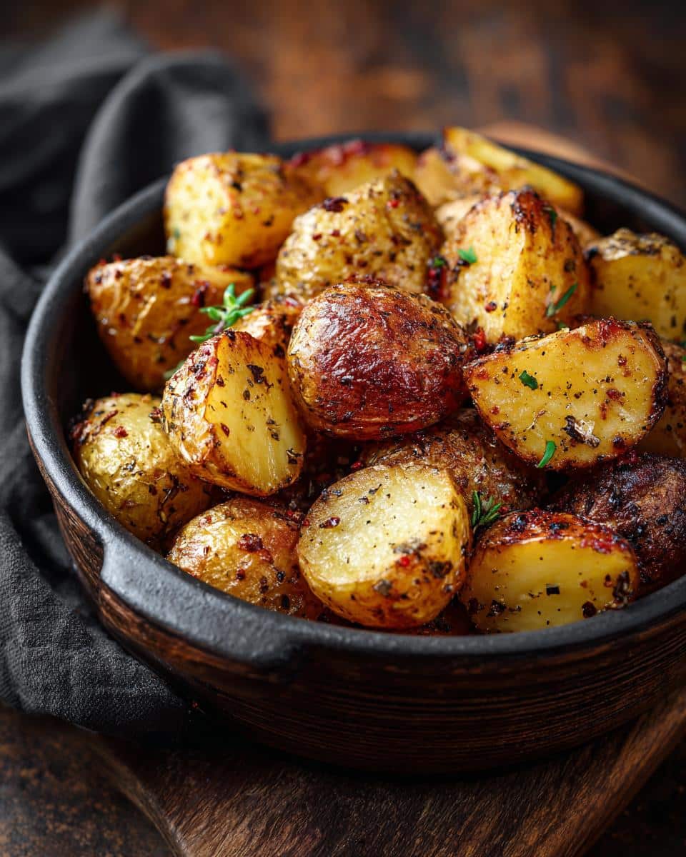 Bowl of crispy oven roasted potatoes baking soda, seasoned with herbs and spices, sitting on a wooden surface.