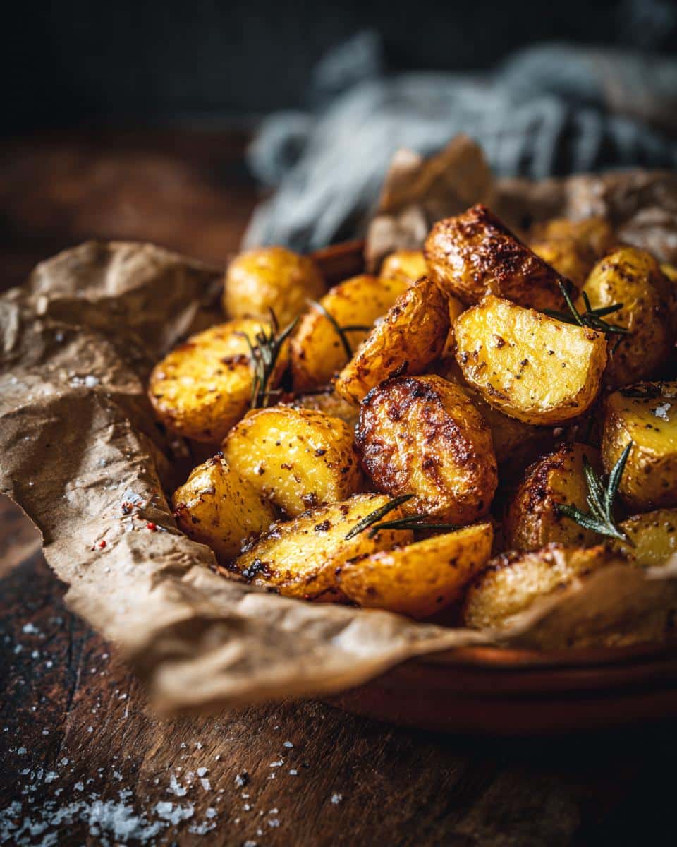 Close-up of crispy oven roasted potatoes baking soda, garnished with rosemary, in a rustic bowl.