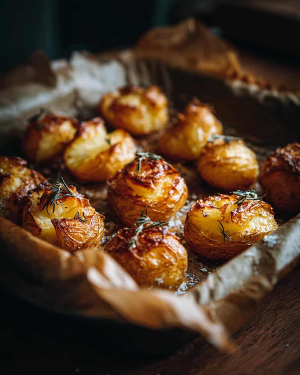 Close-up of crispy oven roasted potatoes baking soda recipe on parchment paper, garnished with rosemary.