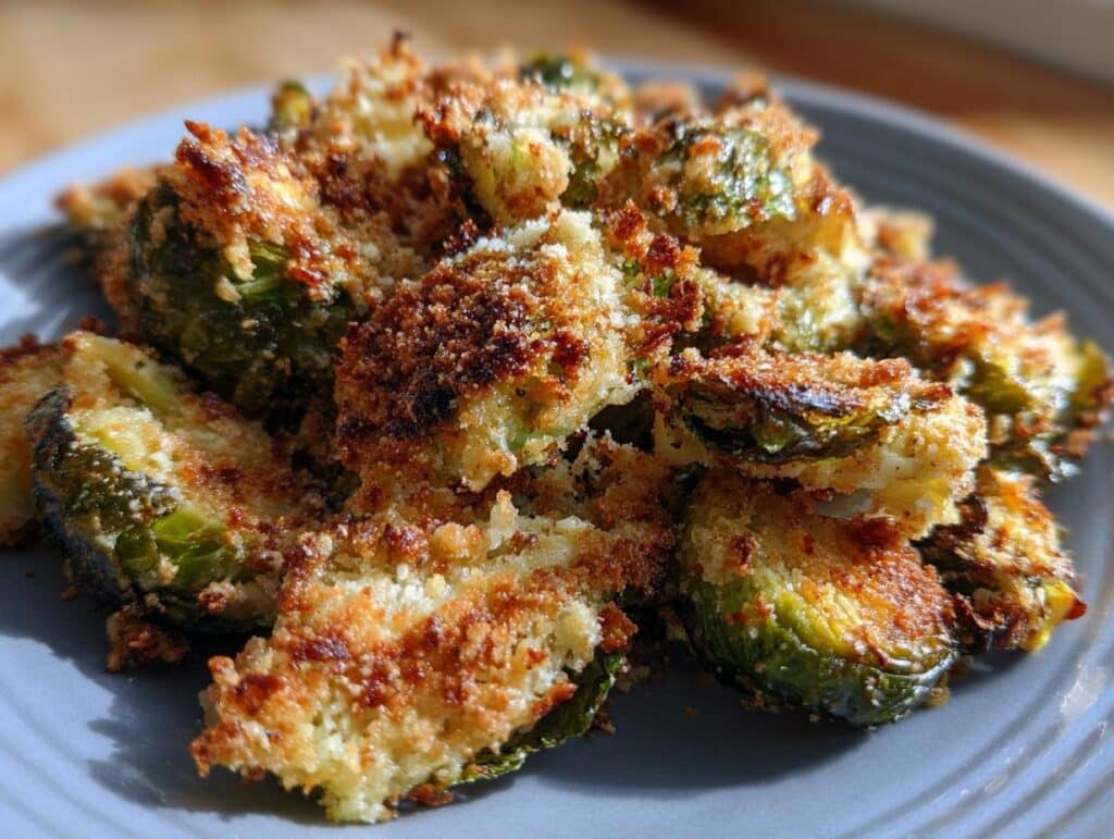 Close-up of crispy parmesan-crusted roasted brussels sprouts on a plate, showing golden-brown parmesan crust.