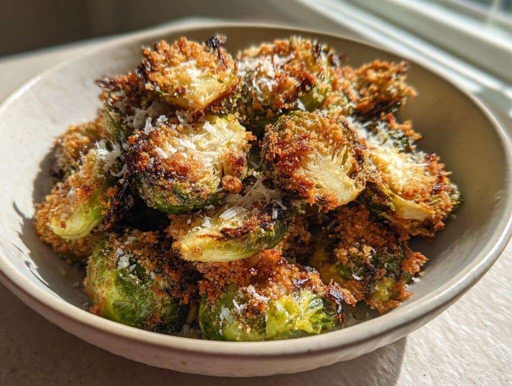 Bowl of crispy roasted brussels sprouts with panko breadcrumbs and parmesan cheese.