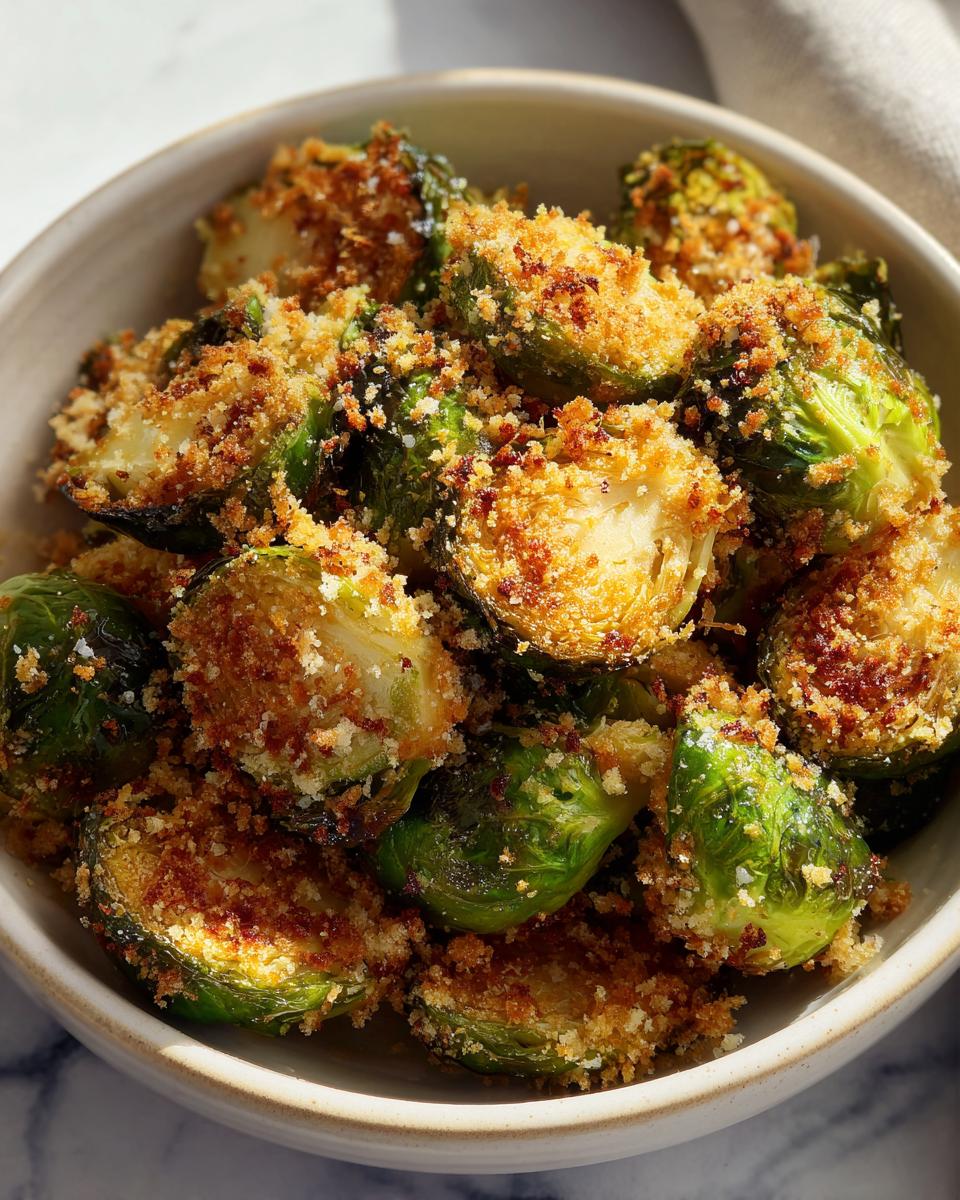 A bowl of crispy roasted brussels sprouts with panko breadcrumbs, golden brown and ready to eat.