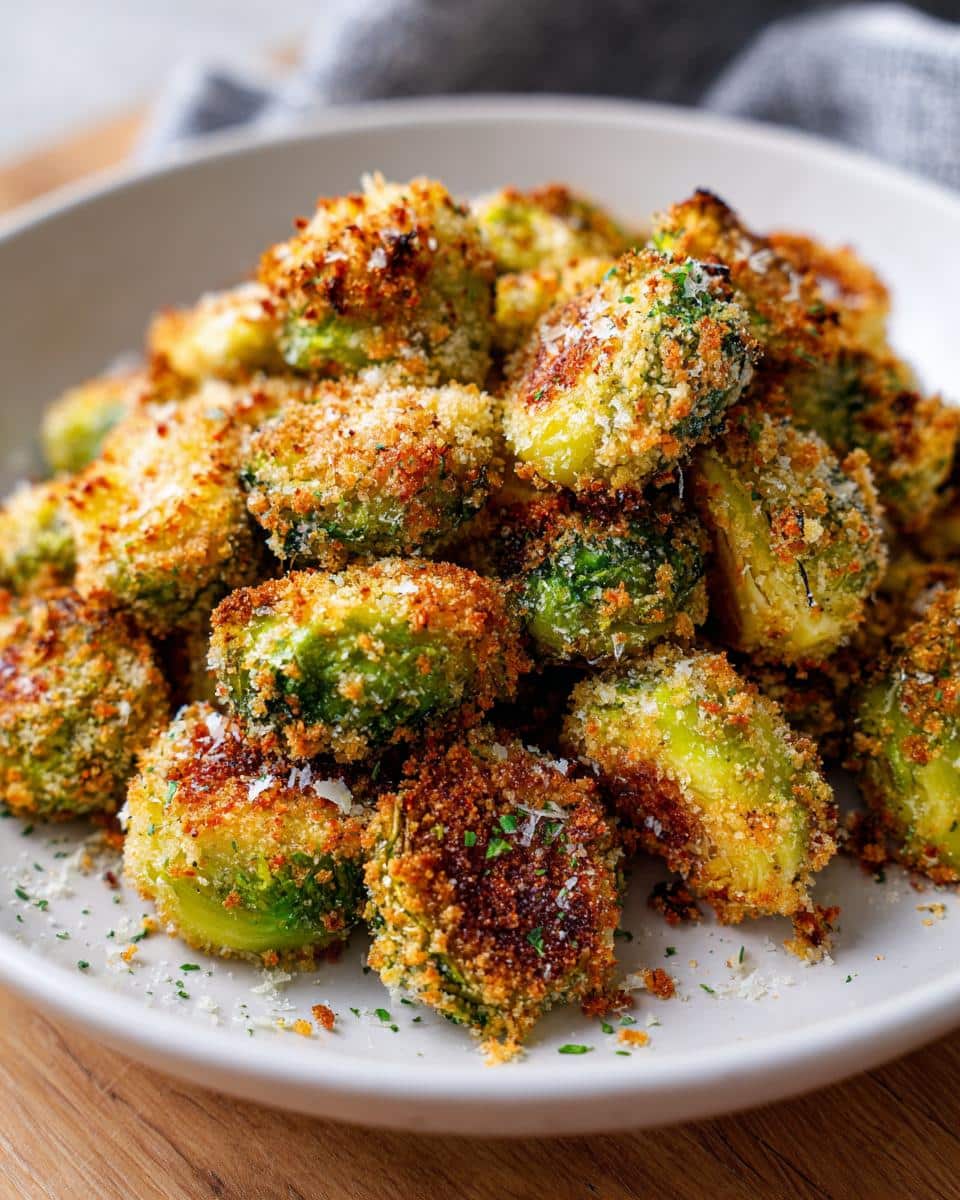A bowl of crispy roasted brussels sprouts with panko breadcrumbs and parmesan cheese.