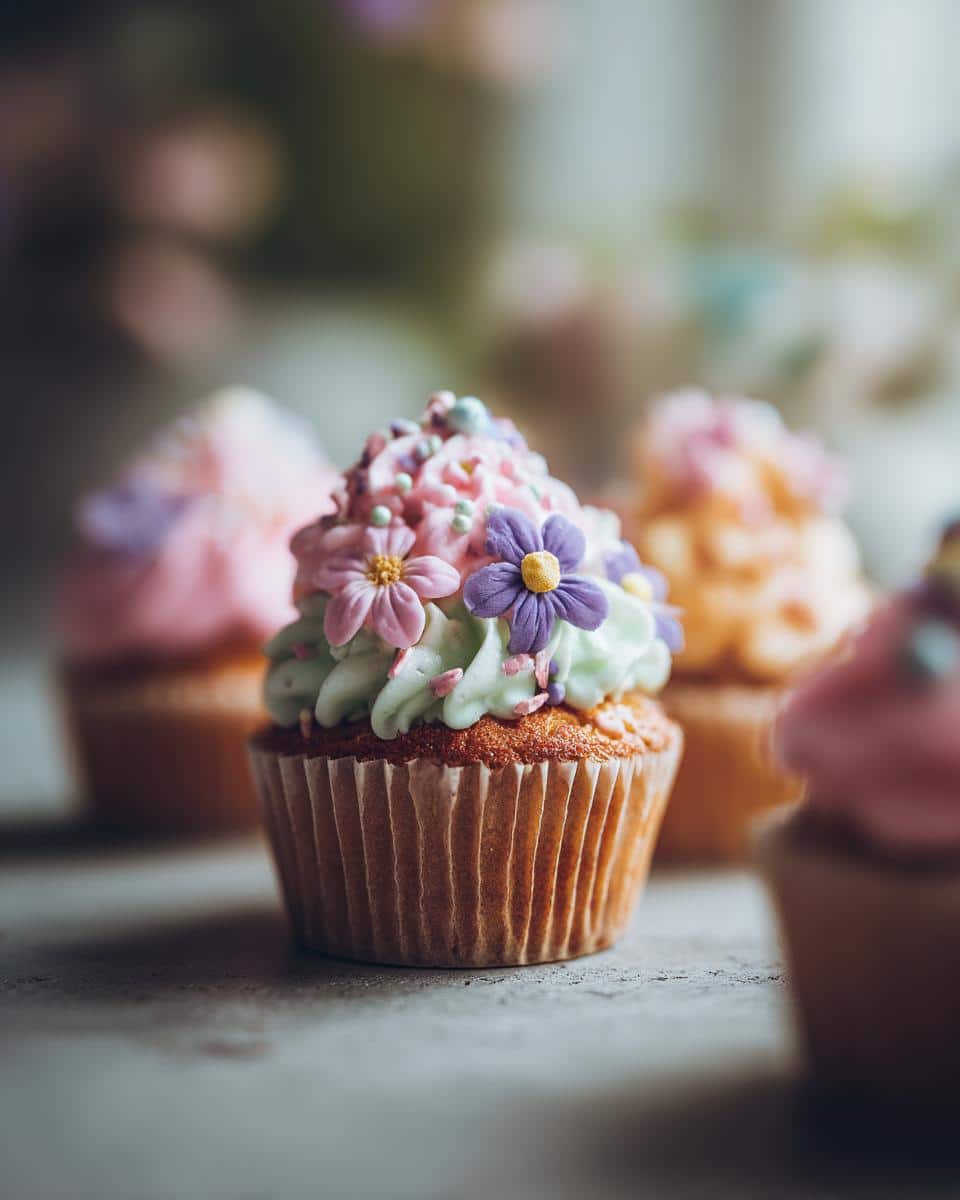 A close-up of a cupcake with pastel frosting and edible flower decorations, showcasing cute spring cupcake designs.