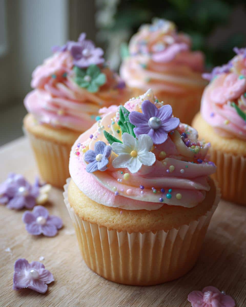 Close-up of cute spring cupcake designs with pink frosting, flower decorations, and colorful sprinkles.
