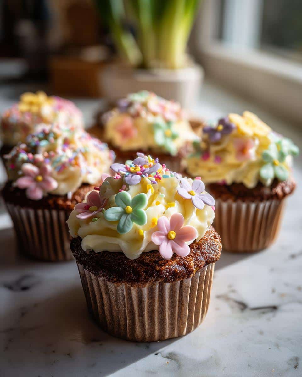 Close-up of cute spring cupcake designs with creamy frosting, flower decorations, and colorful sprinkles.