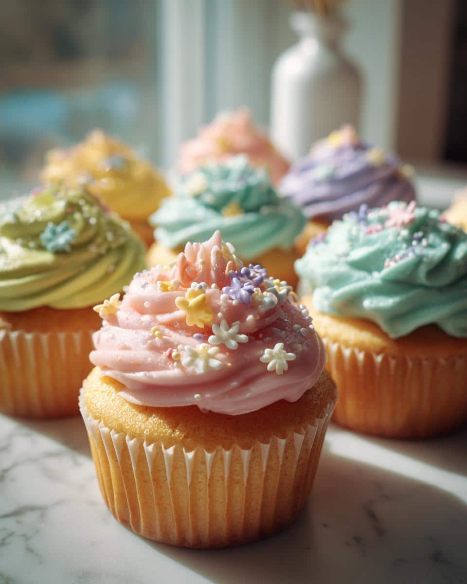 Assortment of cute spring cupcake designs with pastel frosting and flower sprinkles.