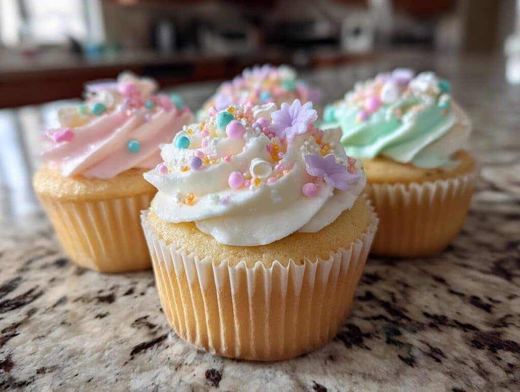 Four cupcakes with pastel-colored frosting and spring-themed sprinkles, showcasing cute spring cupcake designs.