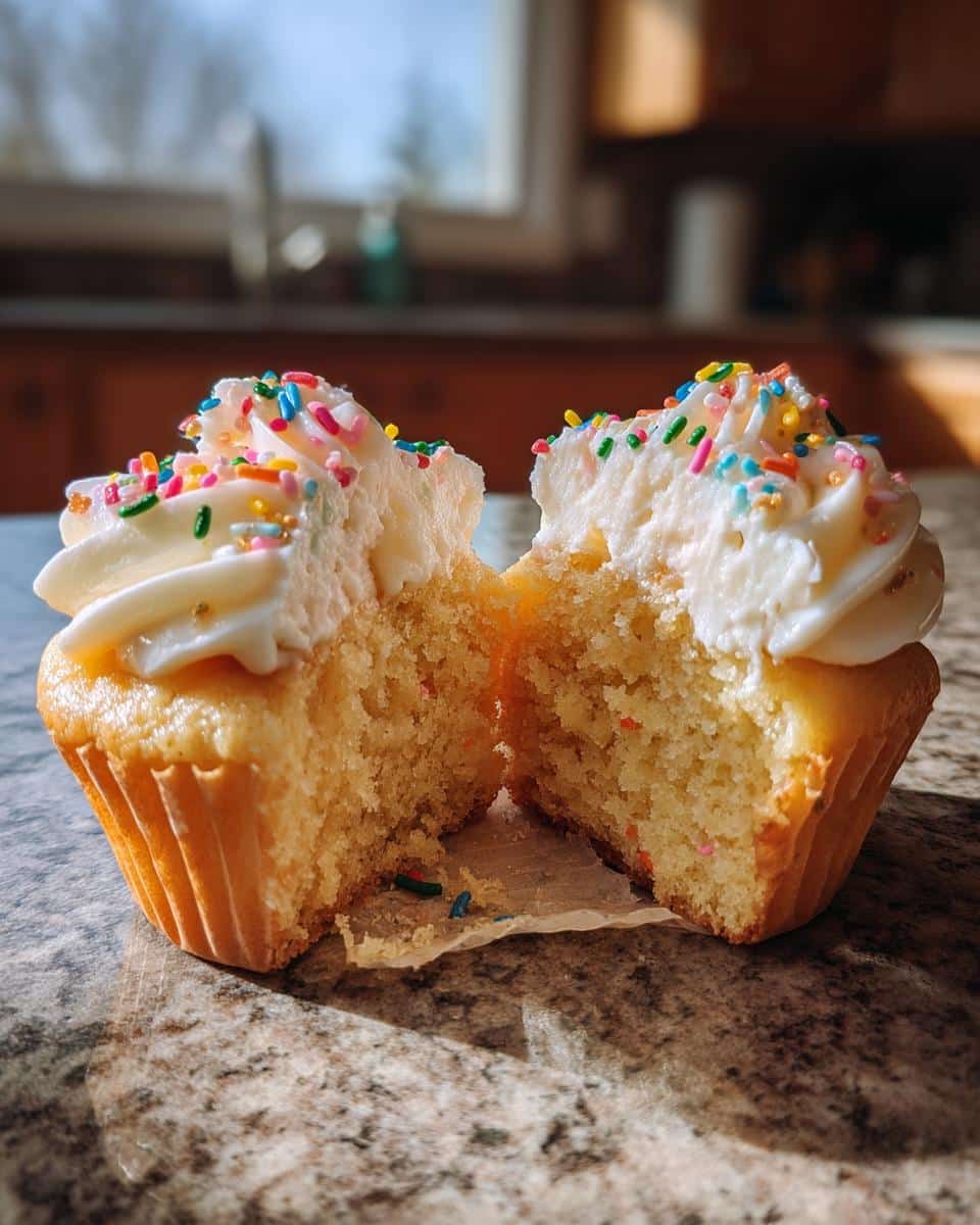 An easy spring cupcake, cut in half, with white frosting and colorful sprinkles, showing the cake's texture.
