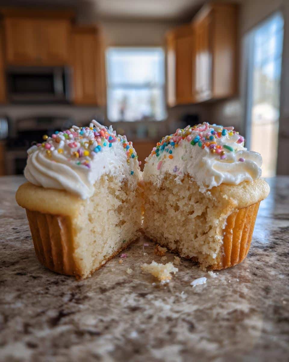 An easy spring cupcakes cut in half, revealing the fluffy interior, topped with white frosting and colorful sprinkles.