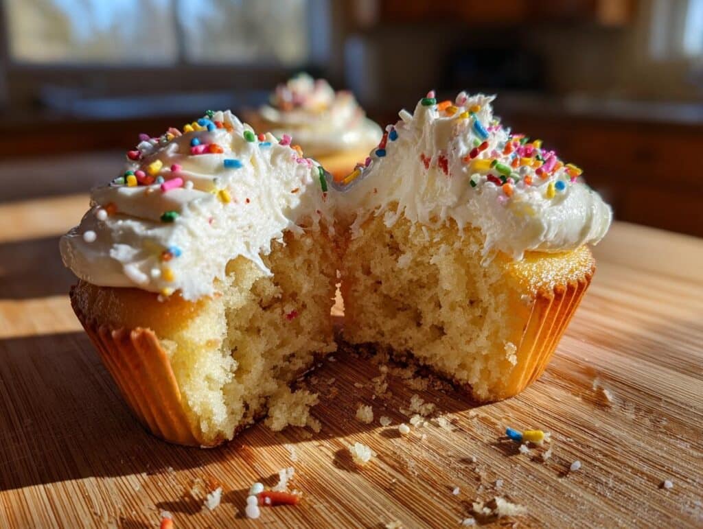 A halved easy spring cupcake with white frosting and colorful sprinkles, showcasing the soft interior.