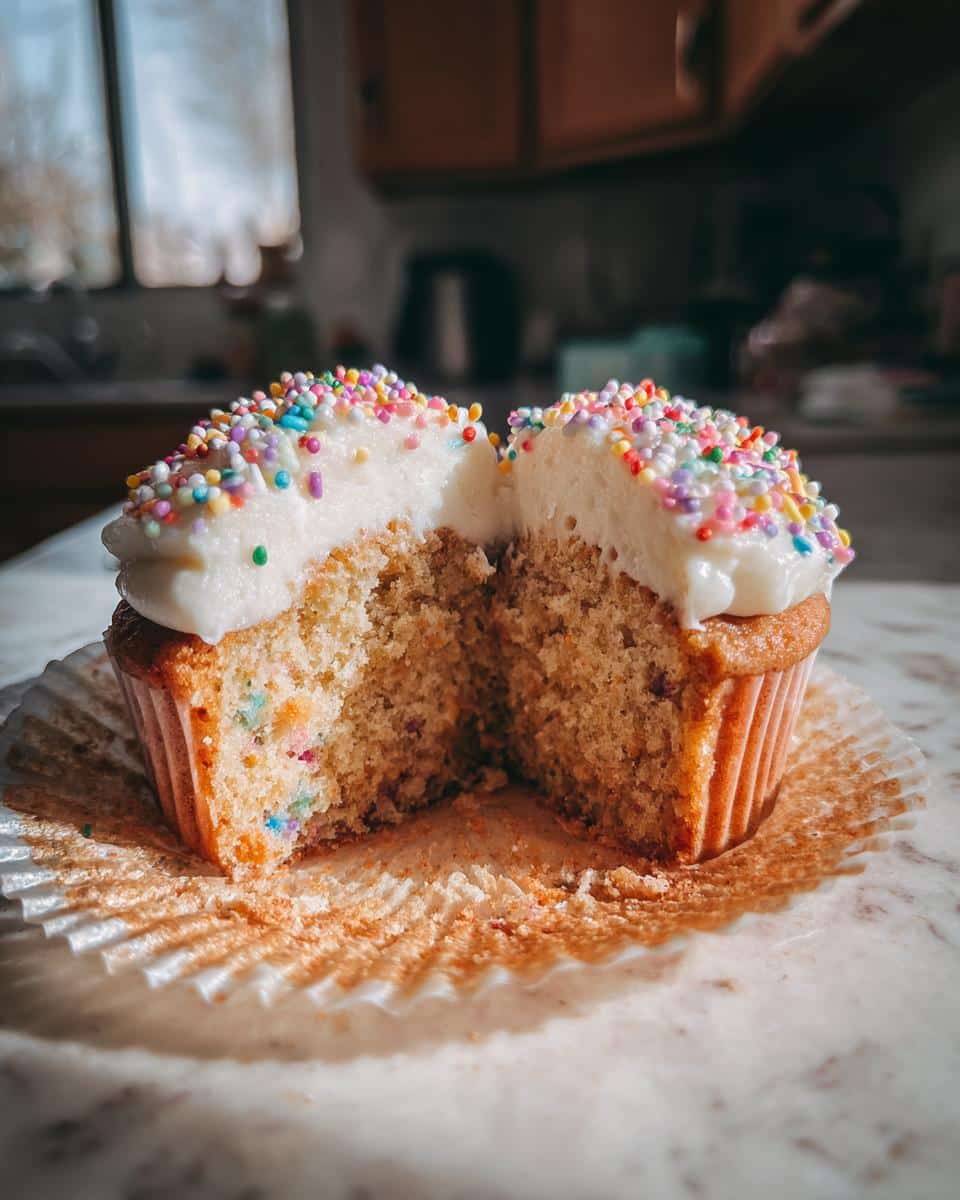 A halved easy spring cupcake with white frosting and colorful sprinkles, showing the inside texture.