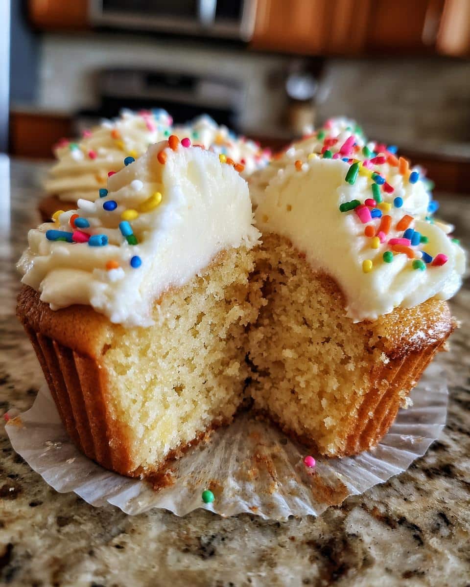 Close-up of an easy spring cupcake cut in half, revealing the soft interior and creamy frosting with colorful sprinkles.