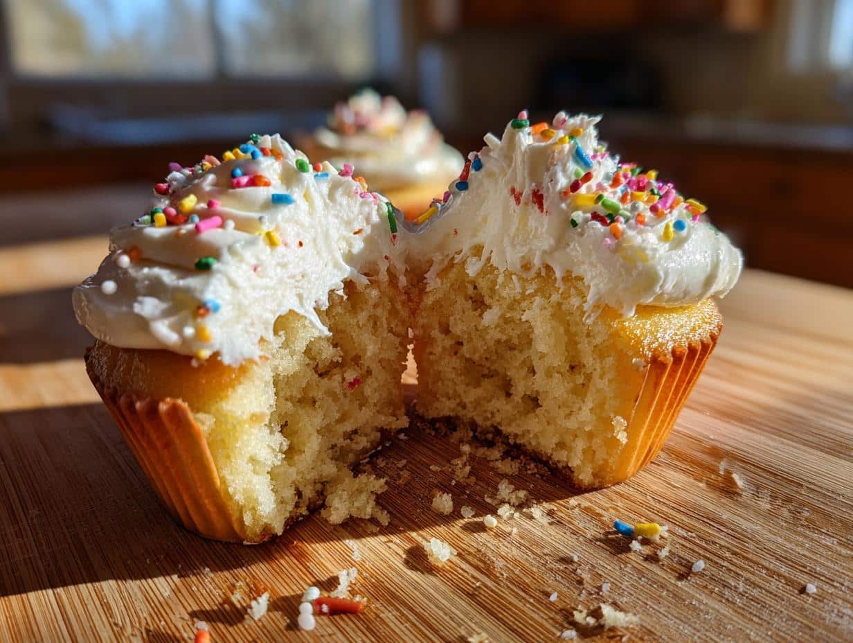 A halved easy spring cupcake with white frosting and colorful sprinkles, showcasing the soft interior.