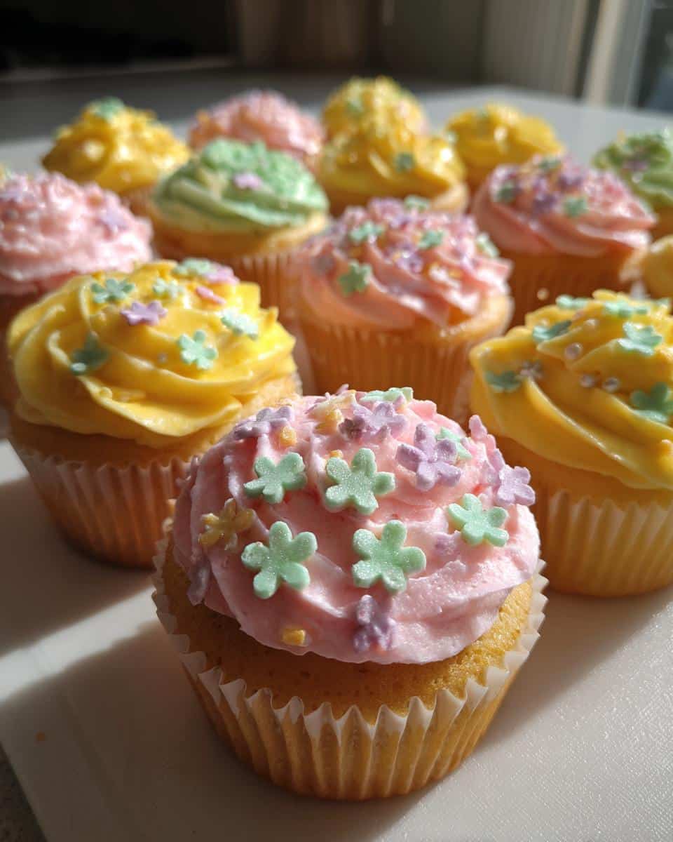 A batch of easy spring flower cupcakes decorated with pastel-colored frosting and flower sprinkles.