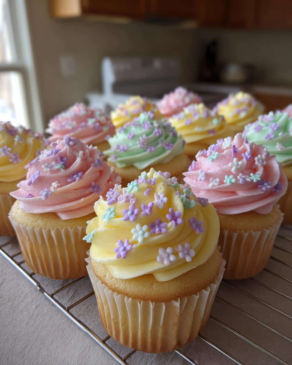 A batch of easy spring flower cupcakes with pastel-colored frosting and flower sprinkles on a wire rack.