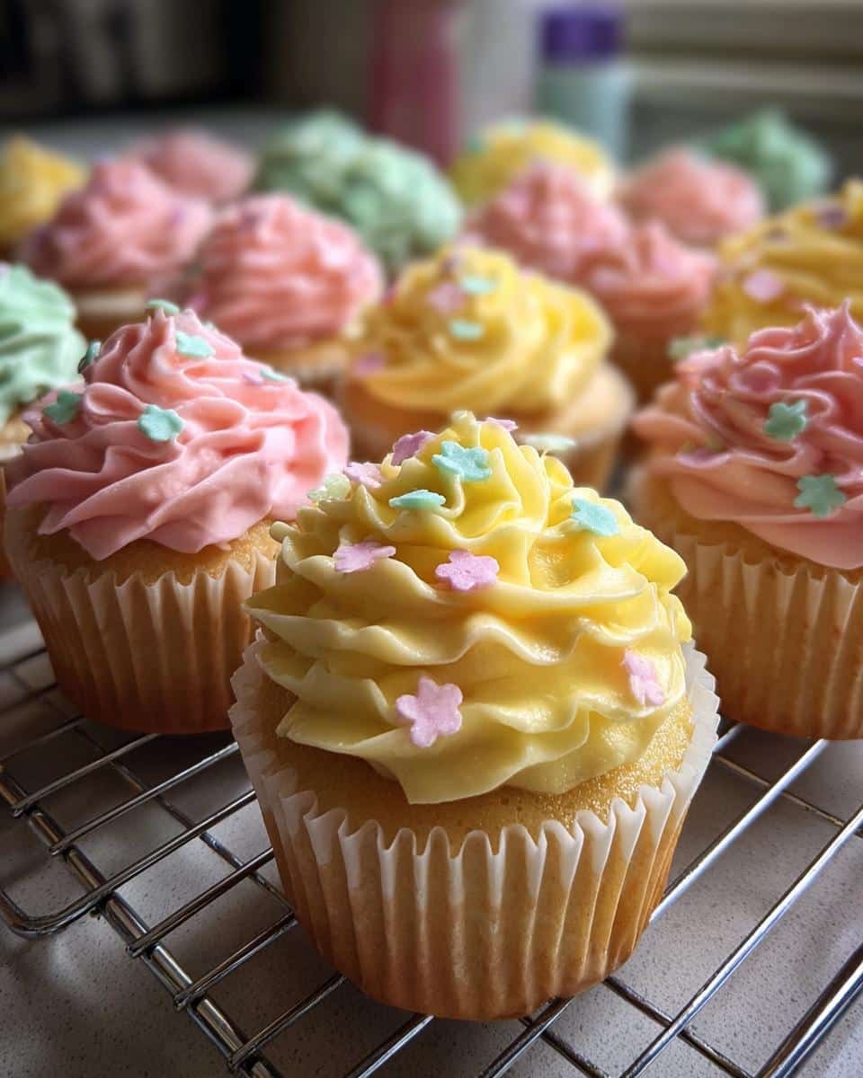 Close-up of easy spring flower cupcakes with pastel pink, yellow, and green frosting and flower sprinkles.