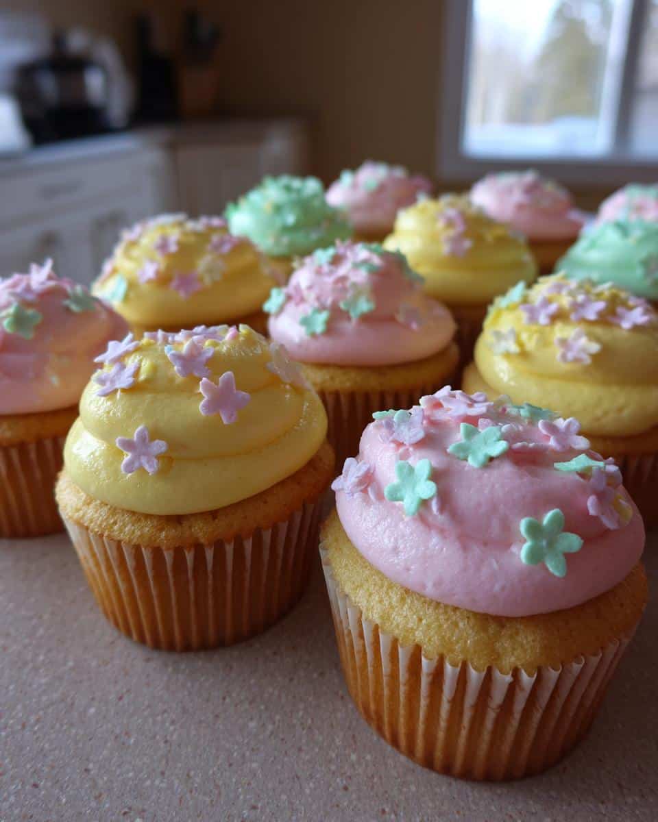 Close-up of easy spring flower cupcakes with pastel pink, yellow, and green frosting and flower sprinkles.