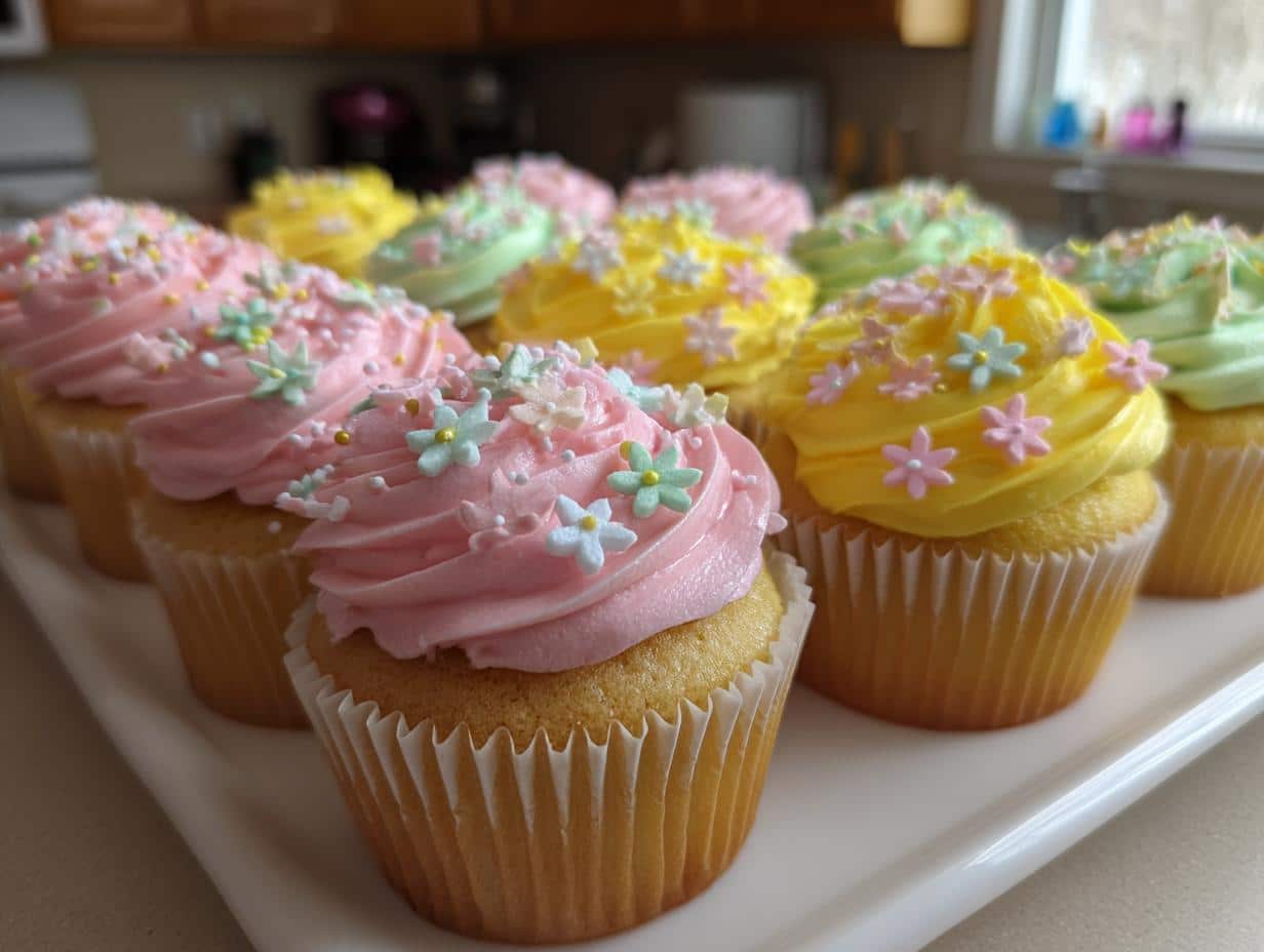 A tray of easy spring flower cupcakes with pink, yellow, and green frosting, decorated with flower sprinkles.