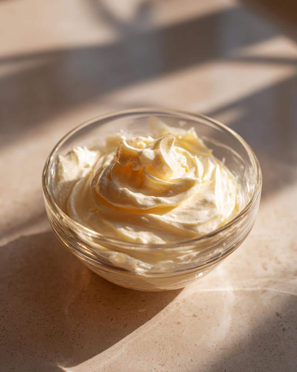 Creamy homemade mayonnaise recipe avocado oil in a clear glass bowl, lit by natural sunlight.