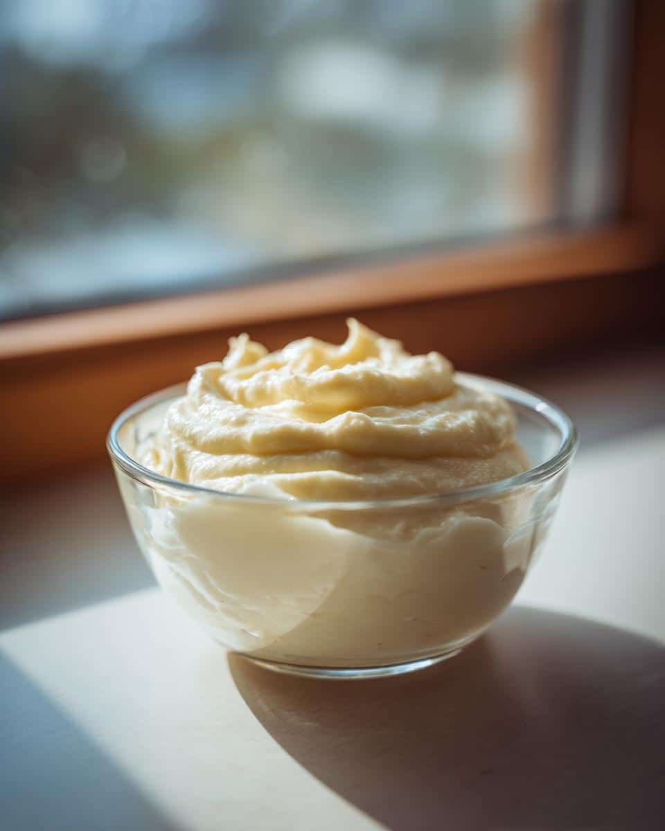 Close-up of homemade mayonnaise avocado oil in a clear glass bowl, creamy texture visible.