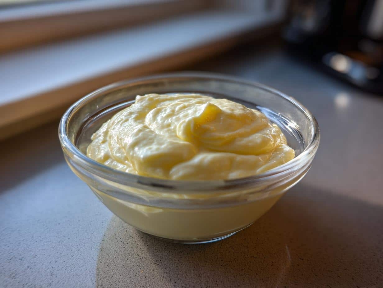 Creamy homemade mayonnaise recipe avocado oil in a clear glass bowl on a countertop.