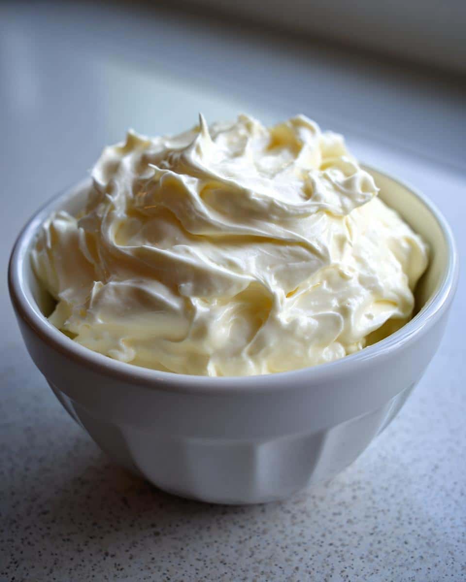 Creamy homemade mayonnaise from hard boiled eggs in a white bowl.