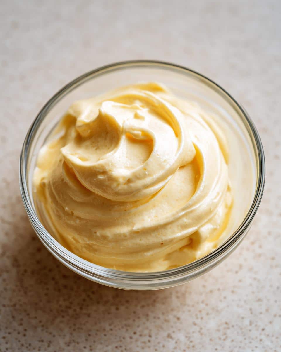 Close-up of homemade mayonnaise from hard boiled eggs in a clear glass bowl.